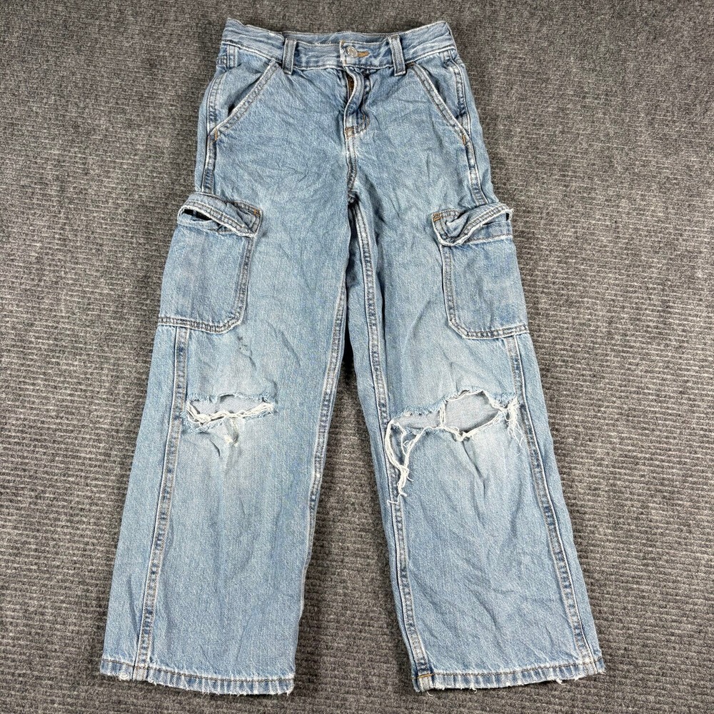 Old Navy Super Baggy Cargo Jeans Kids 10 Slim Blue Good Distressed Wide Leg